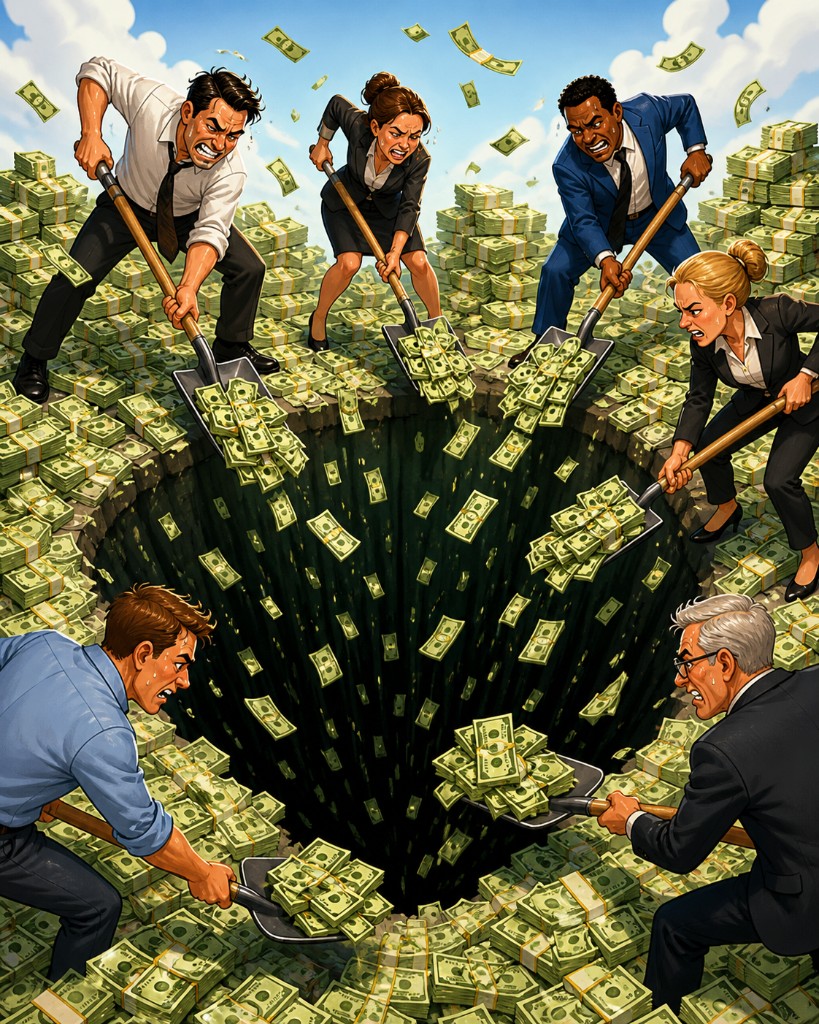 Editorial illustration for case study on reversing financial drain and restoring accountable leadership in construction.